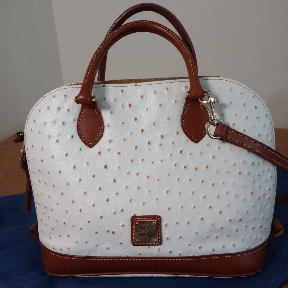 Dooney Ostrich Domed Zip Satchel white with embossed ostrich brown dots
